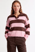 Pink Brown Stripe Collared Knit Jumper