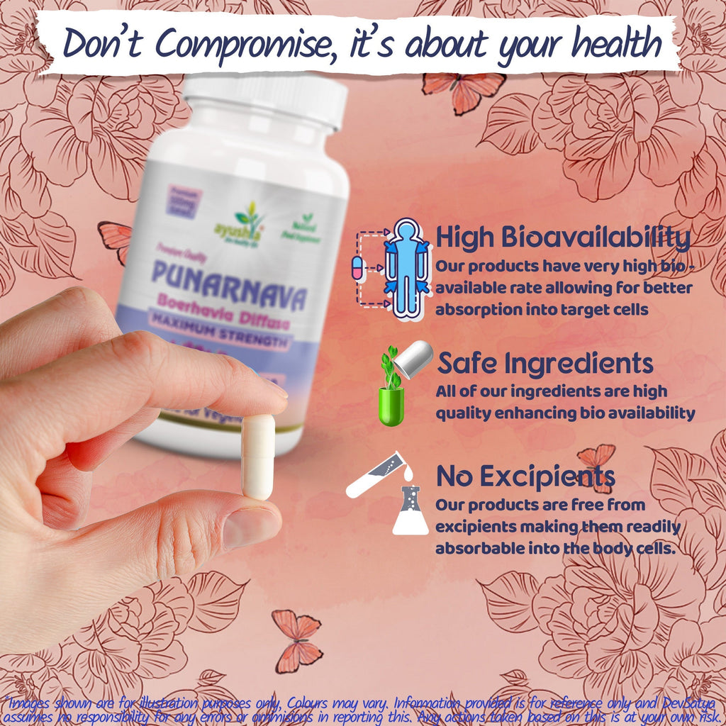 Ayushya Punarnava Capsules (Boerhavia Diffusa, Hogweed) Urinary Wellness Support - Vegan, Gluten Free, Non-GMO, 60 Capsules