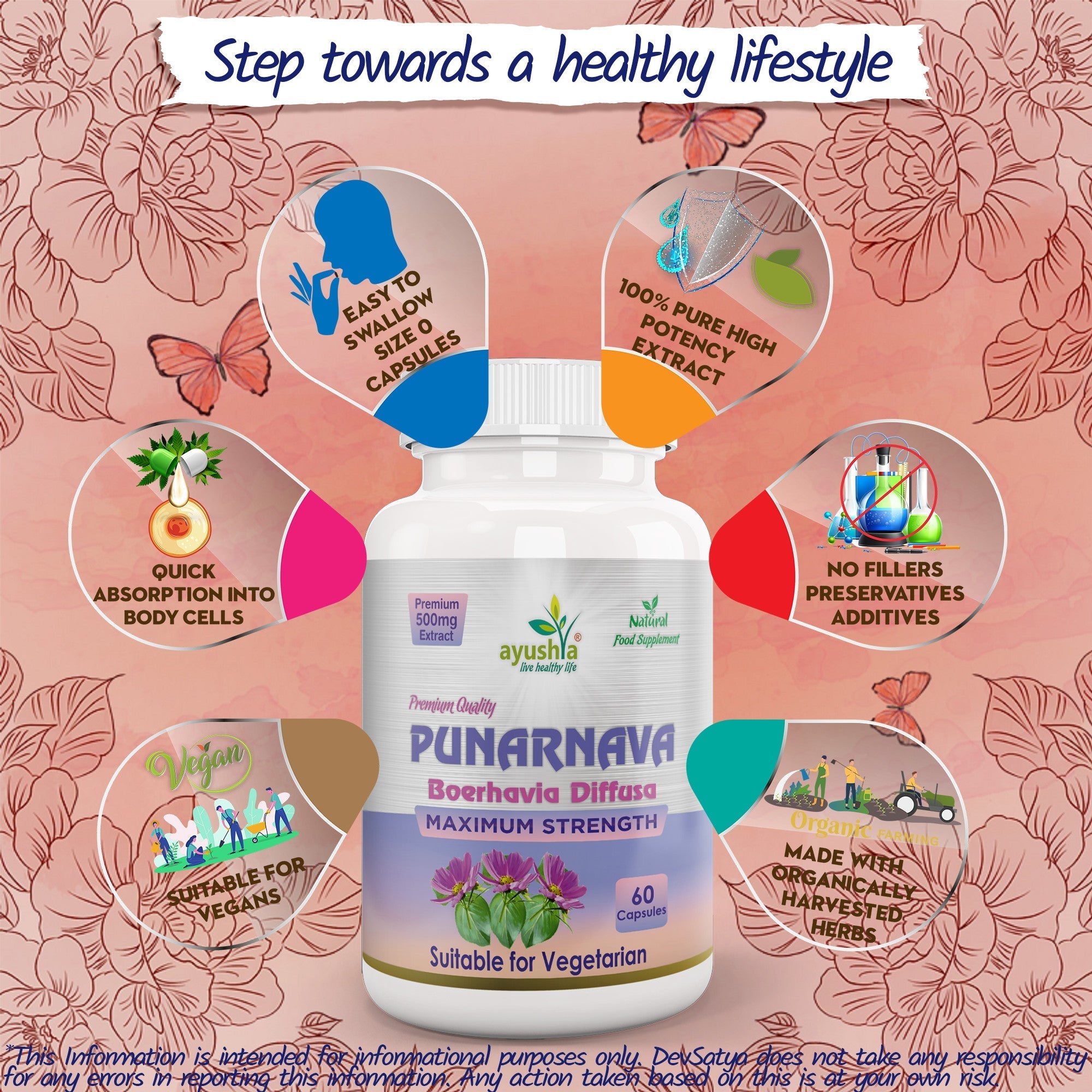 Ayushya Punarnava Capsules (Boerhavia Diffusa, Hogweed) Urinary Wellness Support - Vegan, Gluten Free, Non-GMO, 60 Capsules