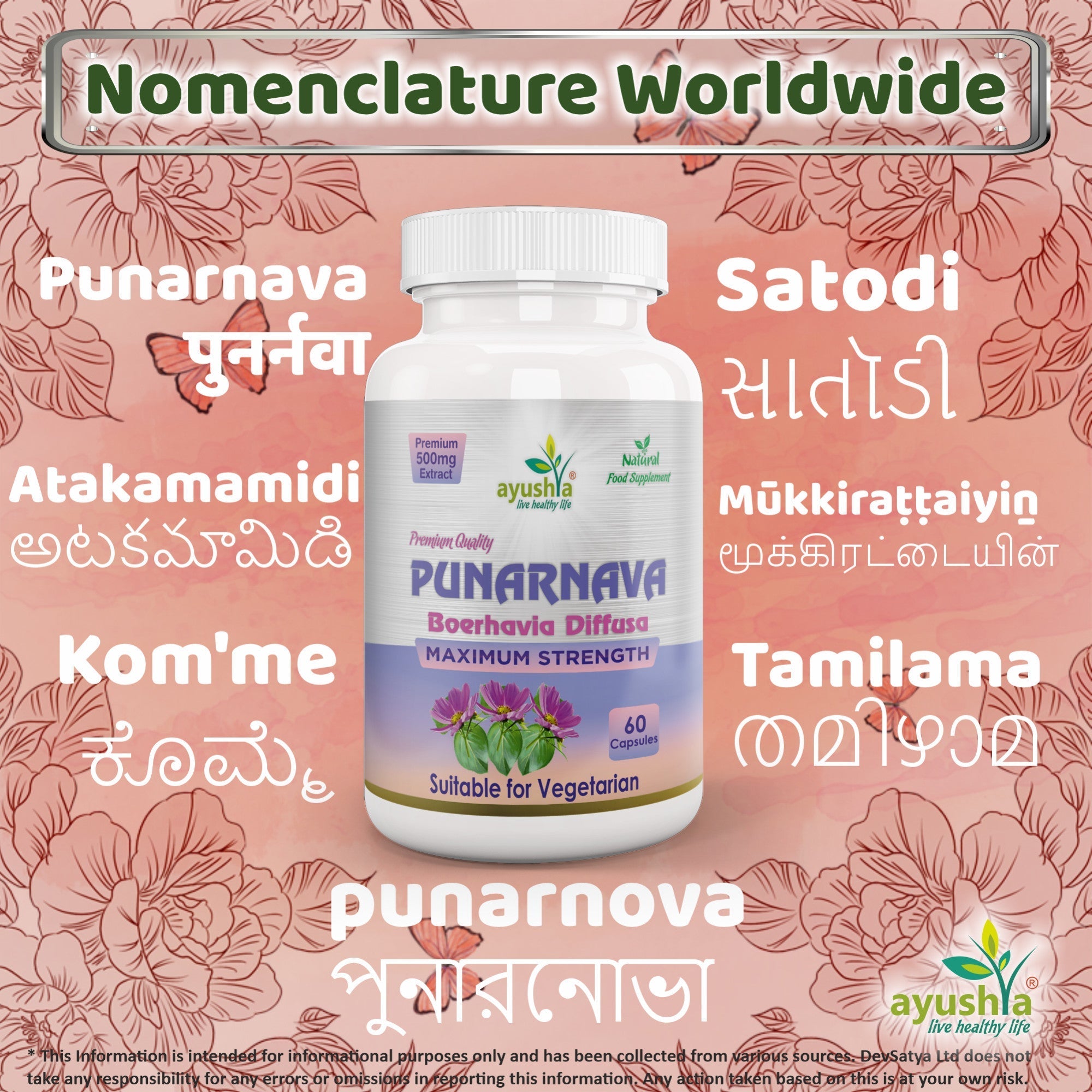 Ayushya Punarnava Capsules (Boerhavia Diffusa, Hogweed) Urinary Wellness Support - Vegan, Gluten Free, Non-GMO, 60 Capsules