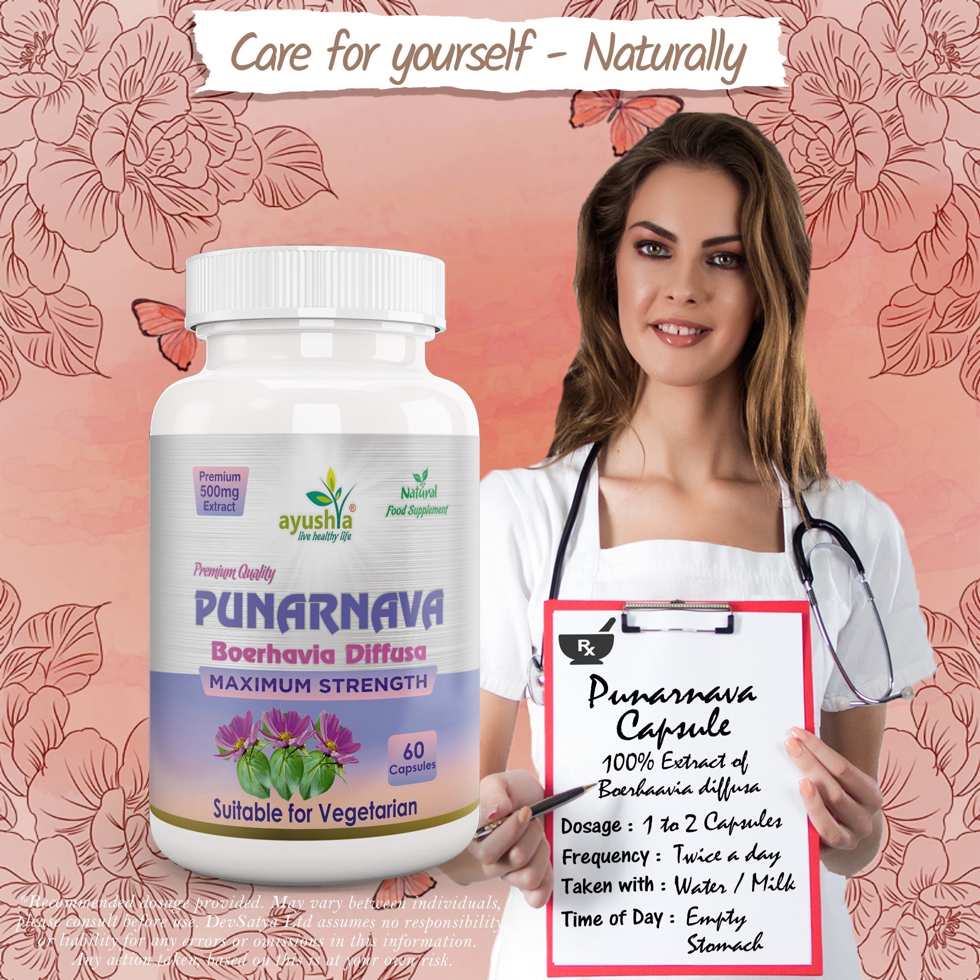 Ayushya Punarnava Capsules (Boerhavia Diffusa, Hogweed) Urinary Wellness Support - Vegan, Gluten Free, Non-GMO, 60 Capsules