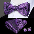 Purple Floral Silk Bow Tie - With Matching Cufflinks & Pocket Square