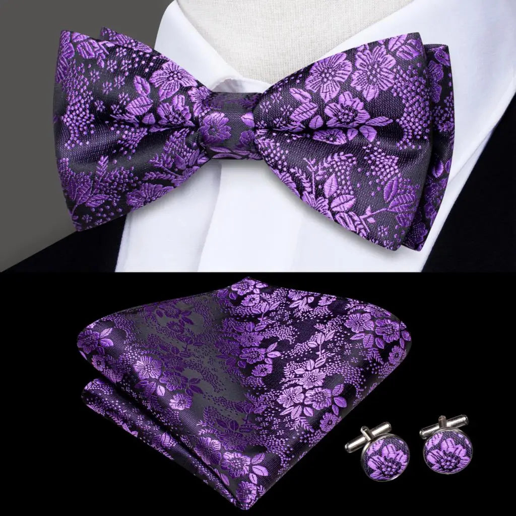 Purple Floral Silk Bow Tie - With Matching Cufflinks & Pocket Square