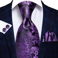 Purple Floral Silk Tie - With Matching Cufflinks & Pocket Square