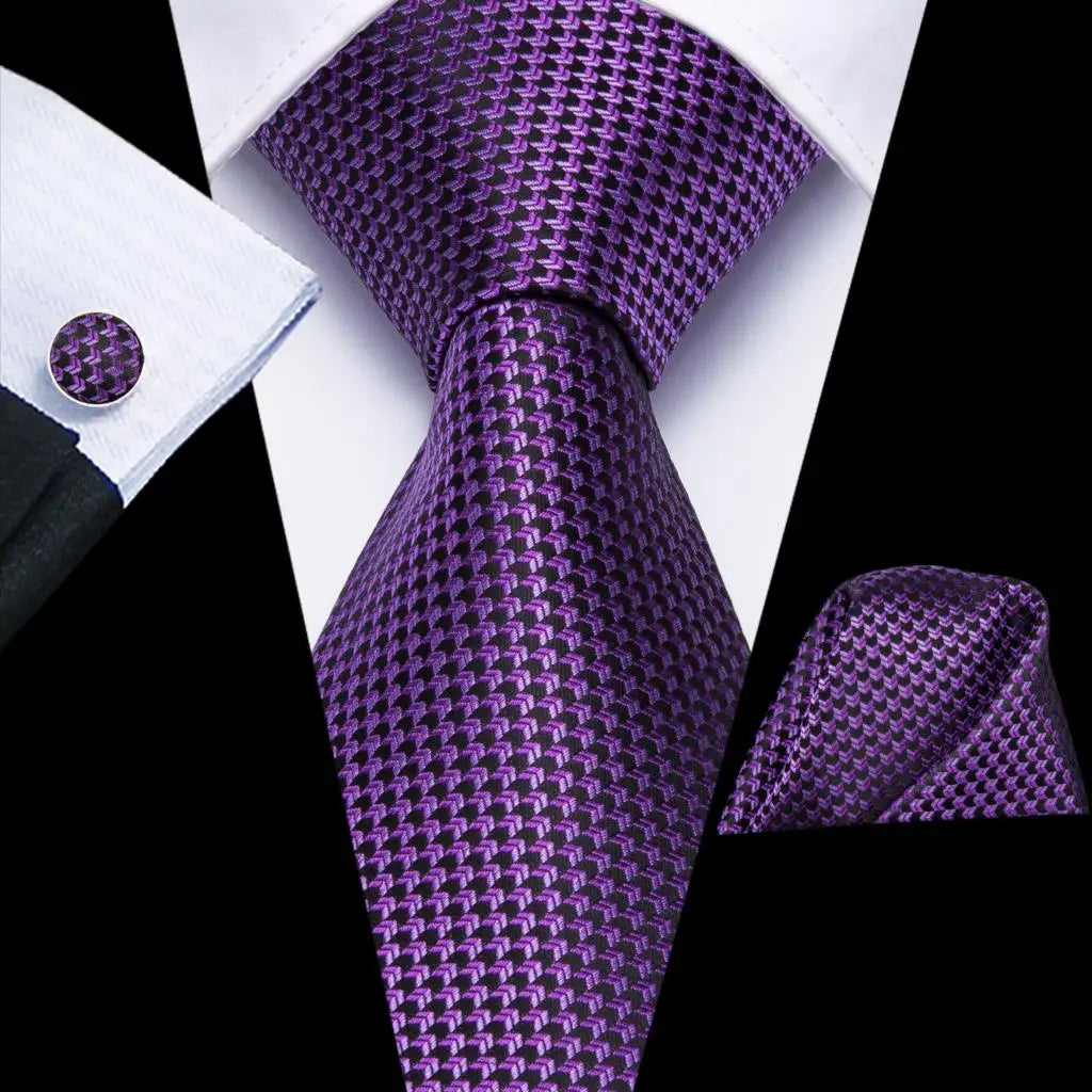 Purple Geometric Silk Tie - With Matching Cufflinks & Pocket Square