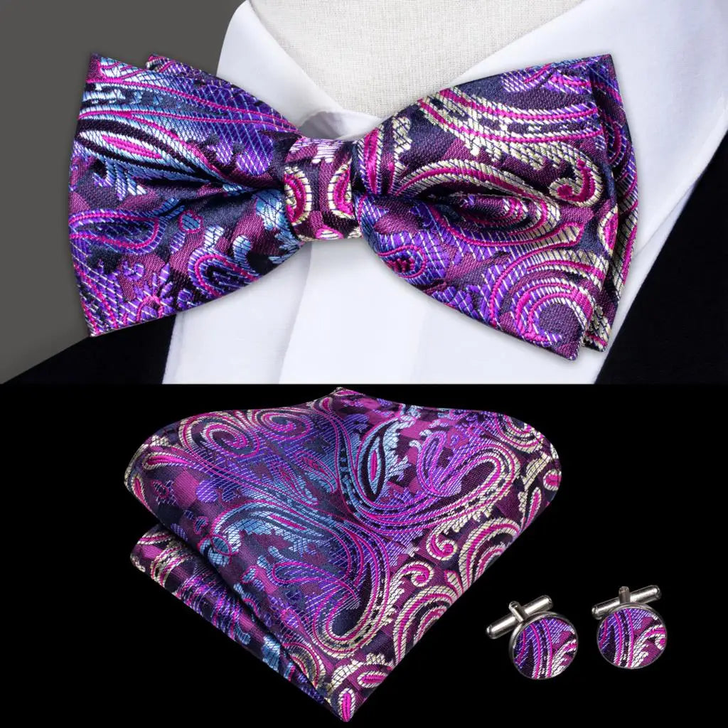Purple Paisley Silk Bow Tie - With Matching Cufflinks & Pocket Square