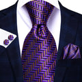 Purple and Gold Striped Silk Tie - With Matching Cufflinks & Pocket Square
