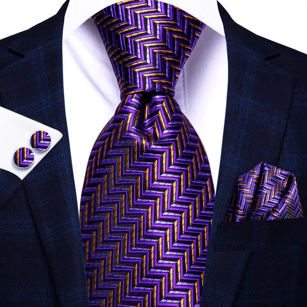 Purple and Gold Striped Silk Tie - With Matching Cufflinks & Pocket Square