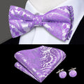 Purple and Silver Paisley Silk Bow Tie - With Matching Cufflinks & Pocket Square