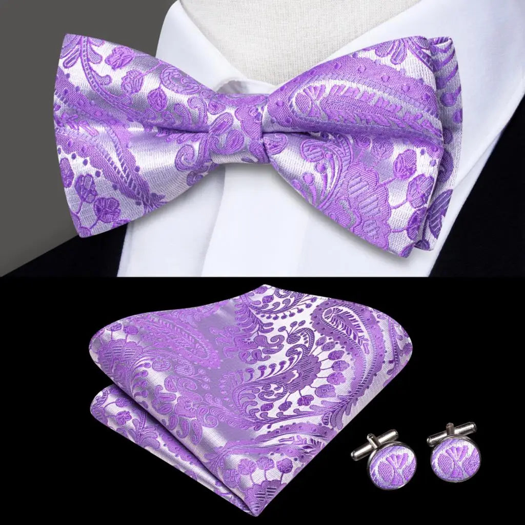 Purple and Silver Paisley Silk Bow Tie - With Matching Cufflinks & Pocket Square