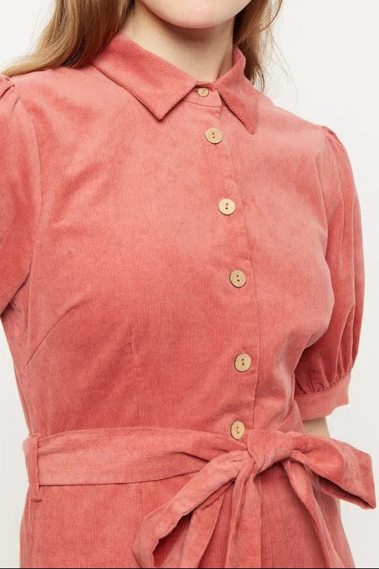 Louche Mollie Baby Cord Puff Sleeve Midi Shirtdress Blush Pink