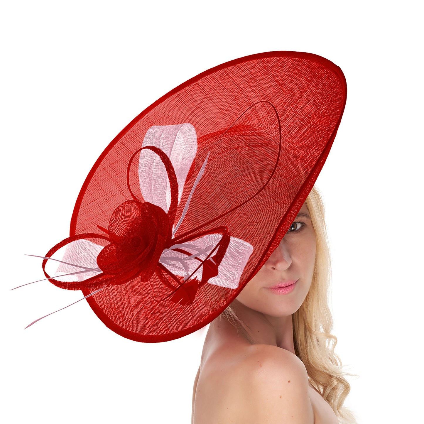 Red Blush 41cm Mix Large Sinamay Hatinator Disc Saucer Brim Hat Fascinator on Headband