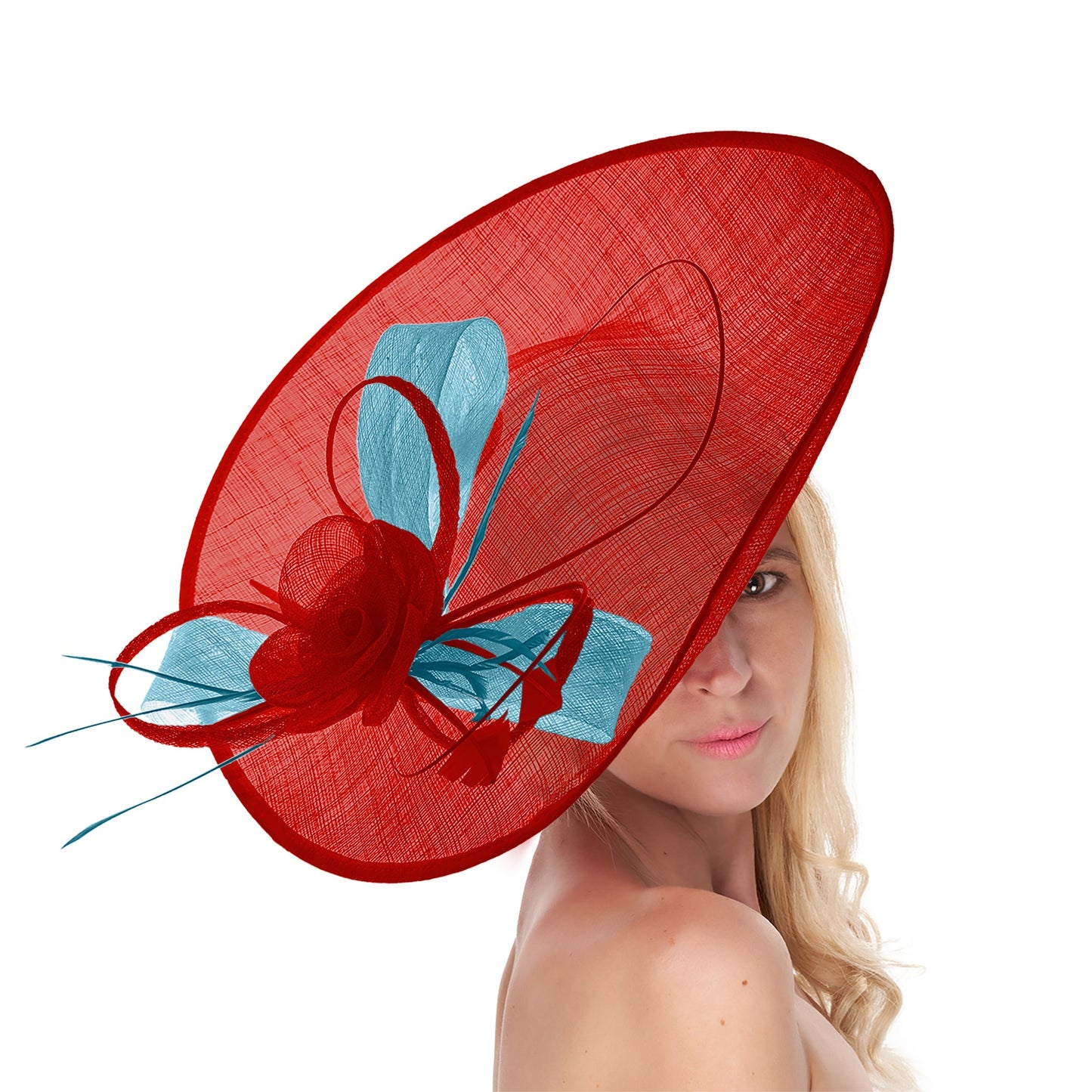 Red Cornflower 41cm Mix Large Sinamay Hatinator Disc Saucer Brim Hat Fascinator on Headband