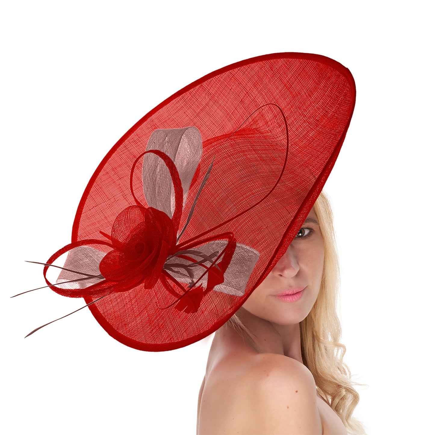 Red Dusty Pink 41cm Mix Large Sinamay Hatinator Disc Saucer Brim Hat Fascinator on Headband