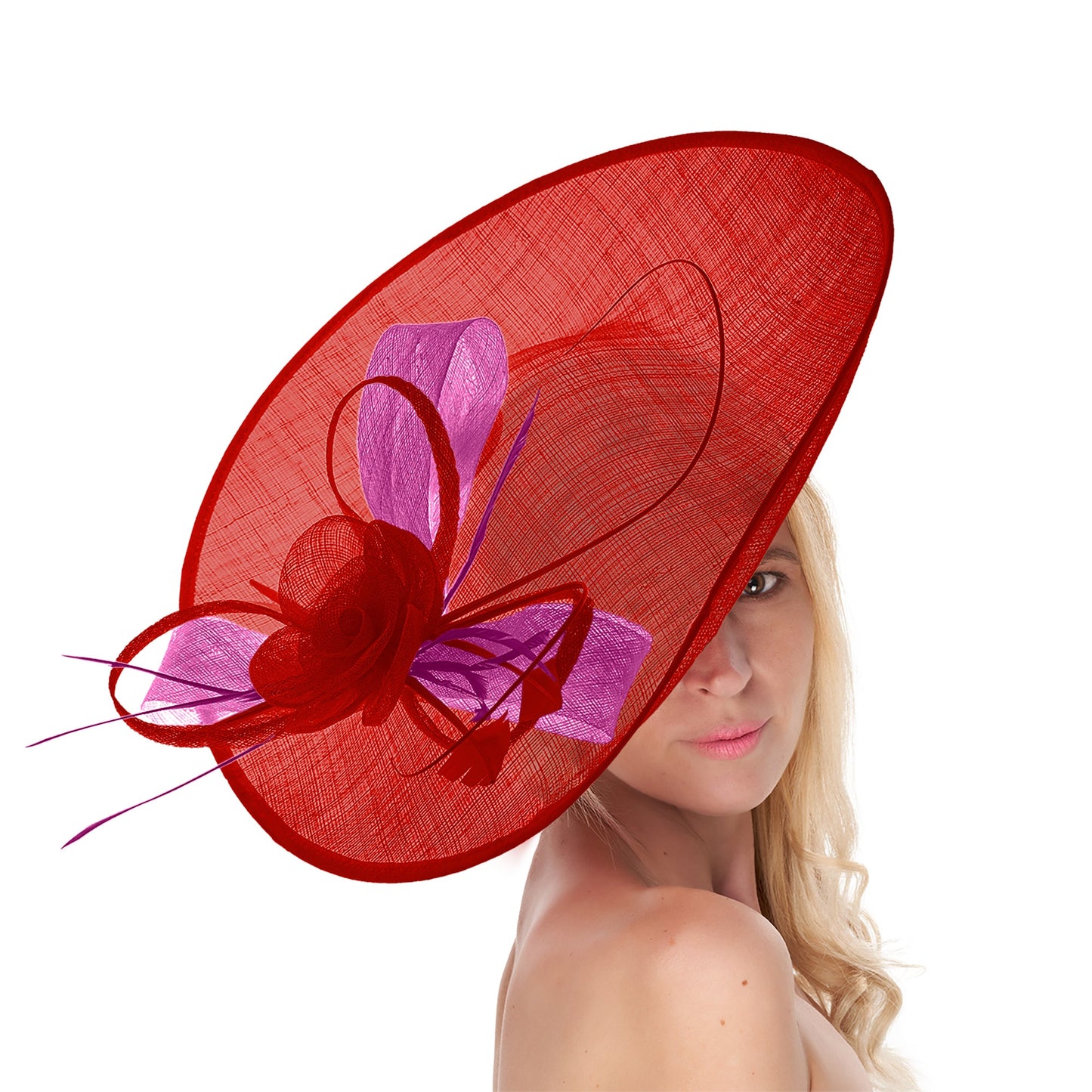 Red Fuchsia 41cm Mix Large Sinamay Hatinator Disc Saucer Brim Hat Fascinator on Headband
