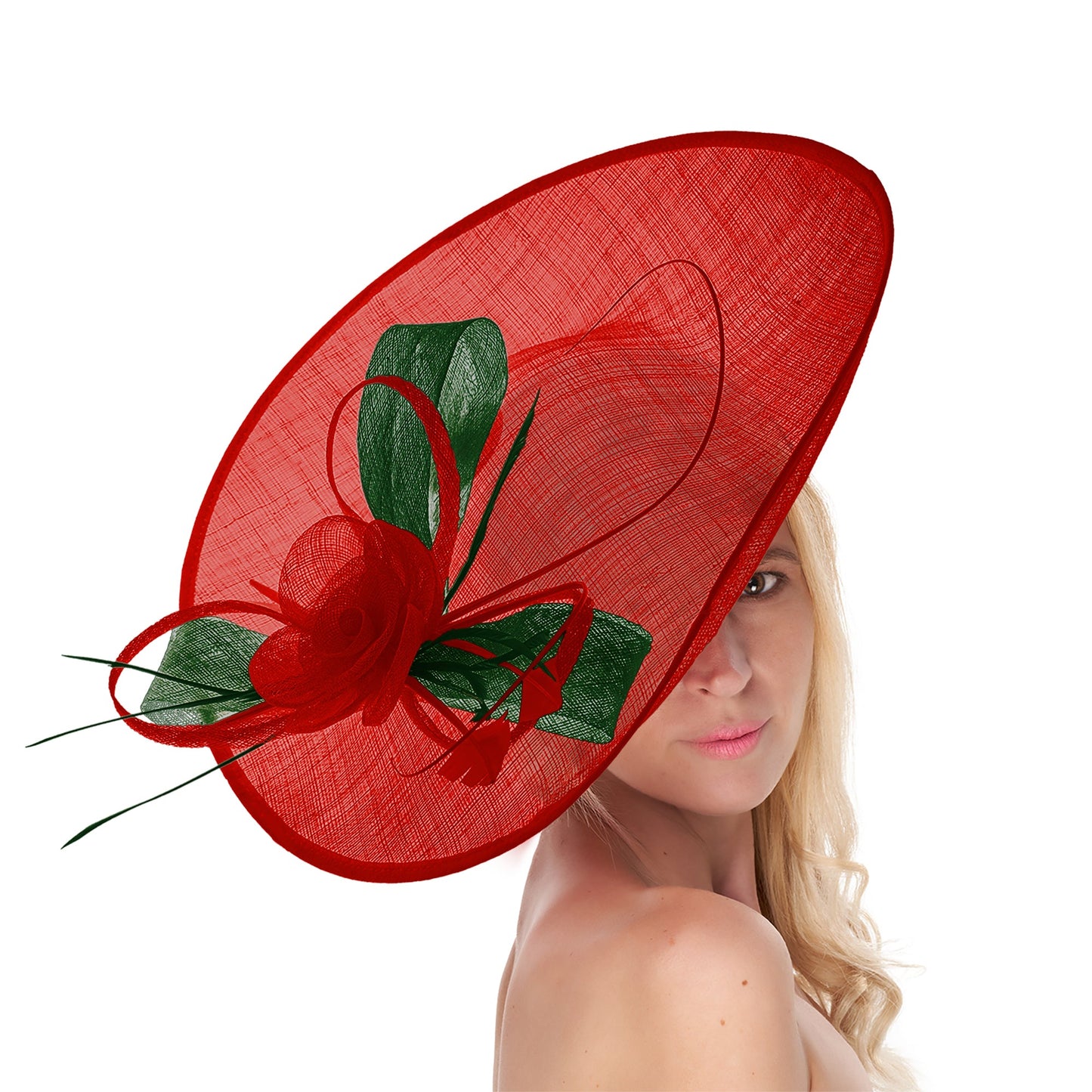 Red Green 41cm Mix Large Sinamay Hatinator Disc Saucer Brim Hat Fascinator on Headband