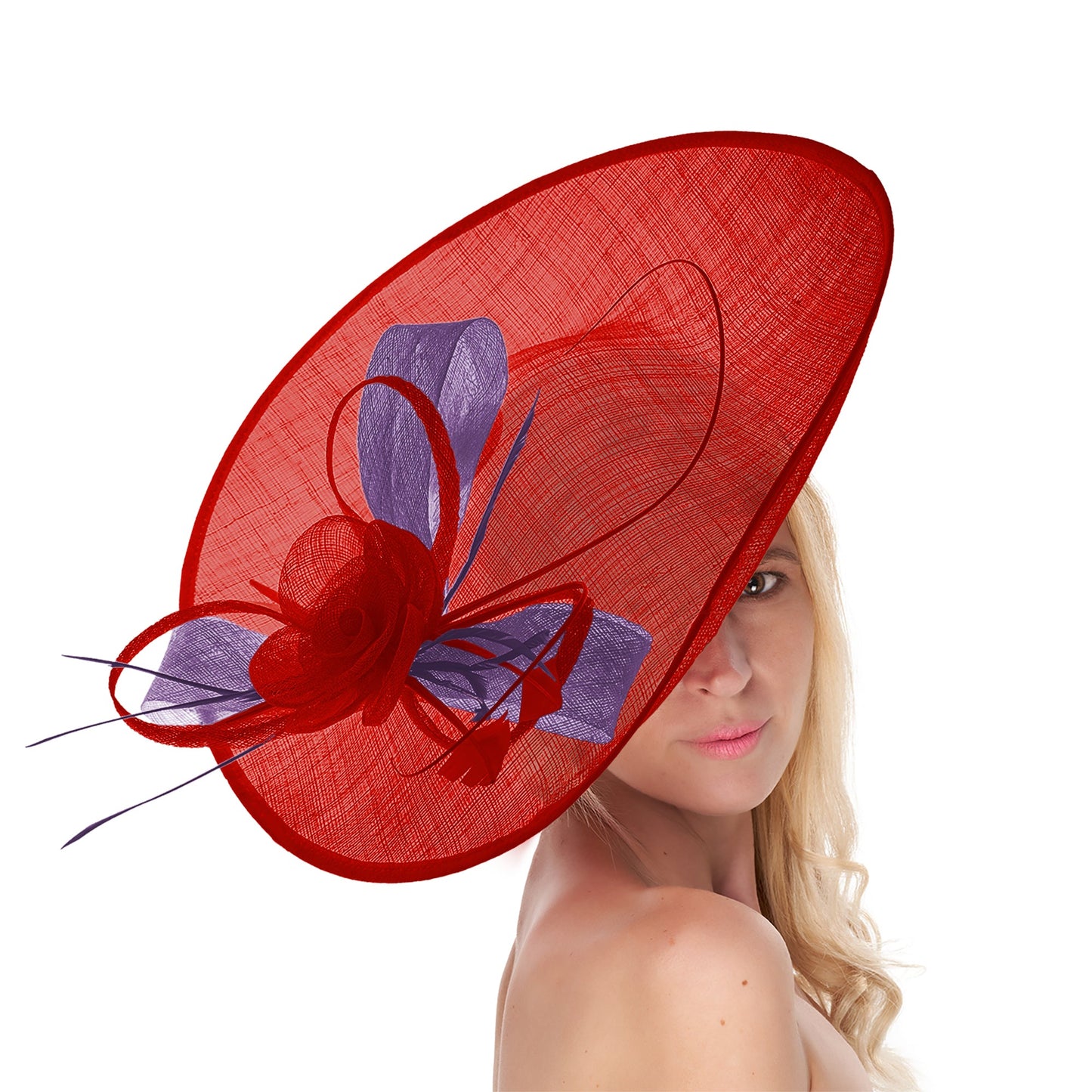 Red Lavender 41cm Mix Large Sinamay Hatinator Disc Saucer Brim Hat Fascinator on Headband