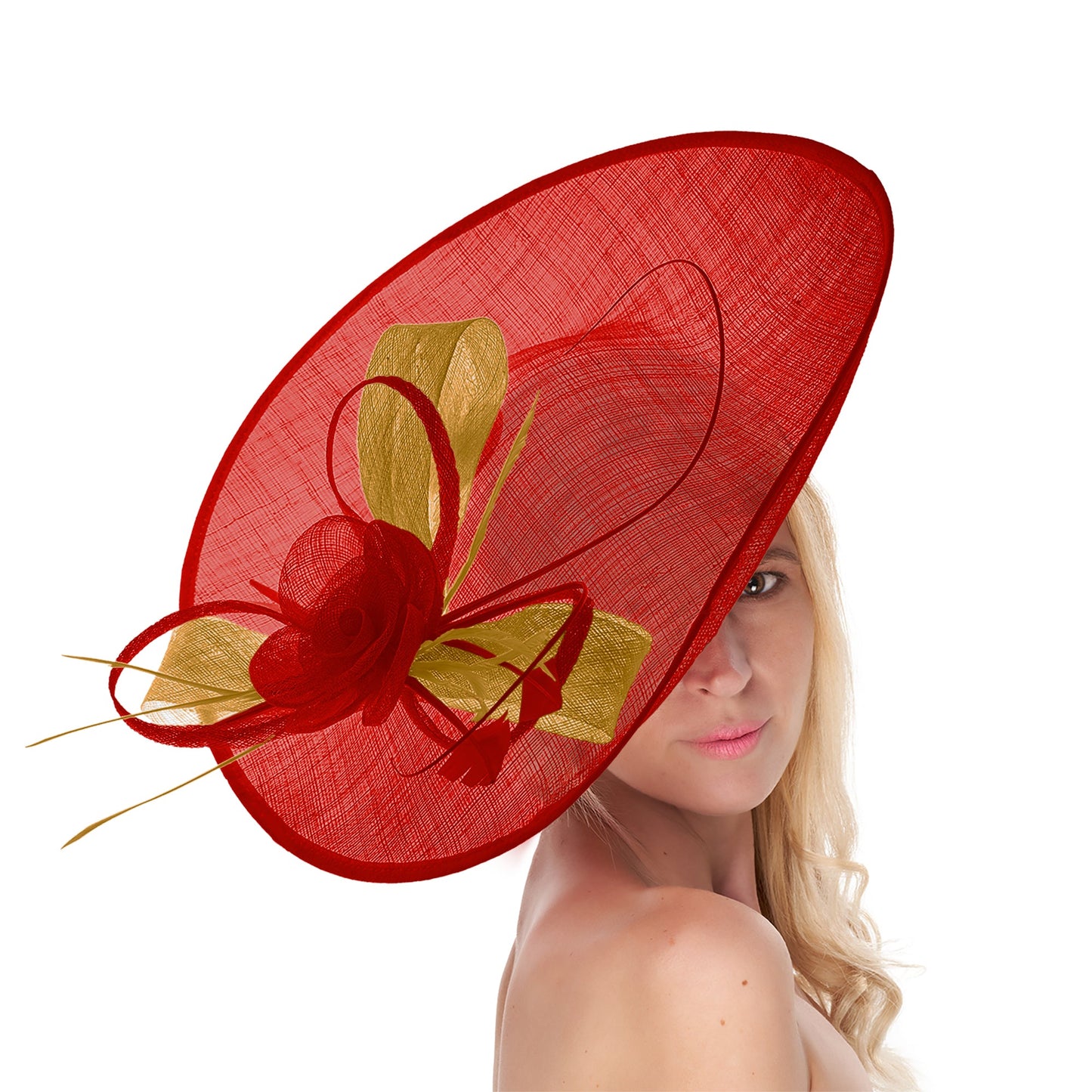 Red Mustard 41cm Mix Large Sinamay Hatinator Disc Saucer Brim Hat Fascinator on Headband