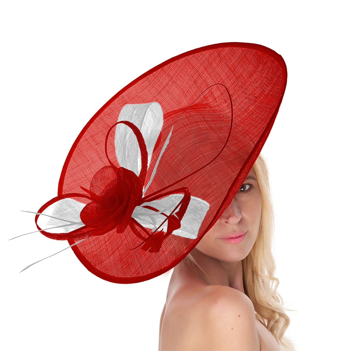 Red White 41cm Mix Large Sinamay Hatinator Disc Saucer Brim Hat Fascinator on Headband