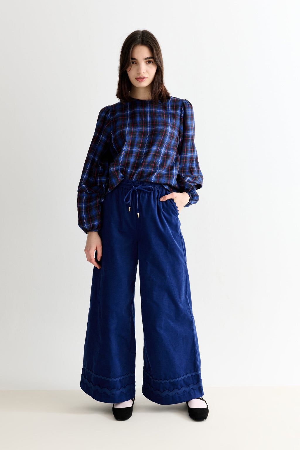River Babycord Ric Rac Trim Wide Leg Trouser - Navy