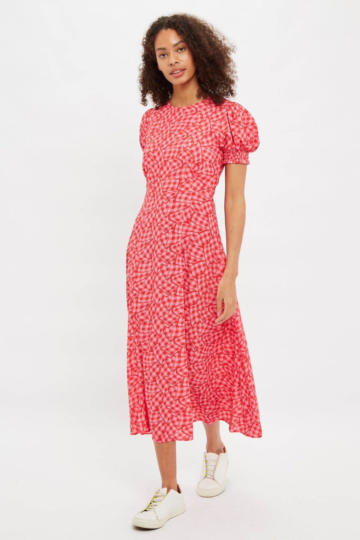 Louche Romola Gingham Twist Print Laced Back Short Sleeve Midi Dress
