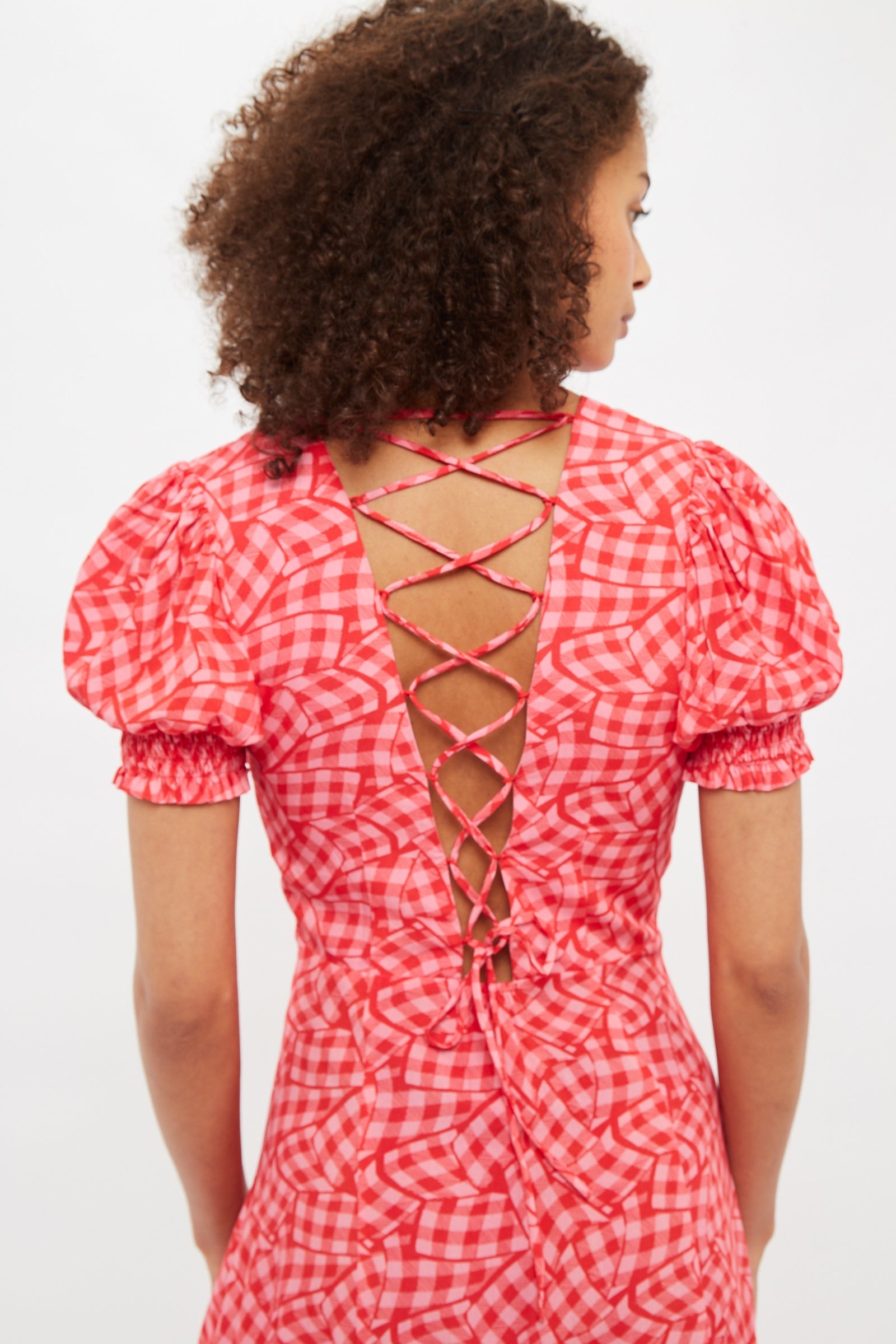 Louche Romola Gingham Twist Print Laced Back Short Sleeve Midi Dress