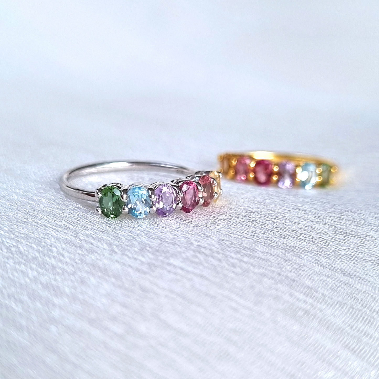 Rainbow Multicoloured Gemstone Half Eternity Ring in Sterling Silver