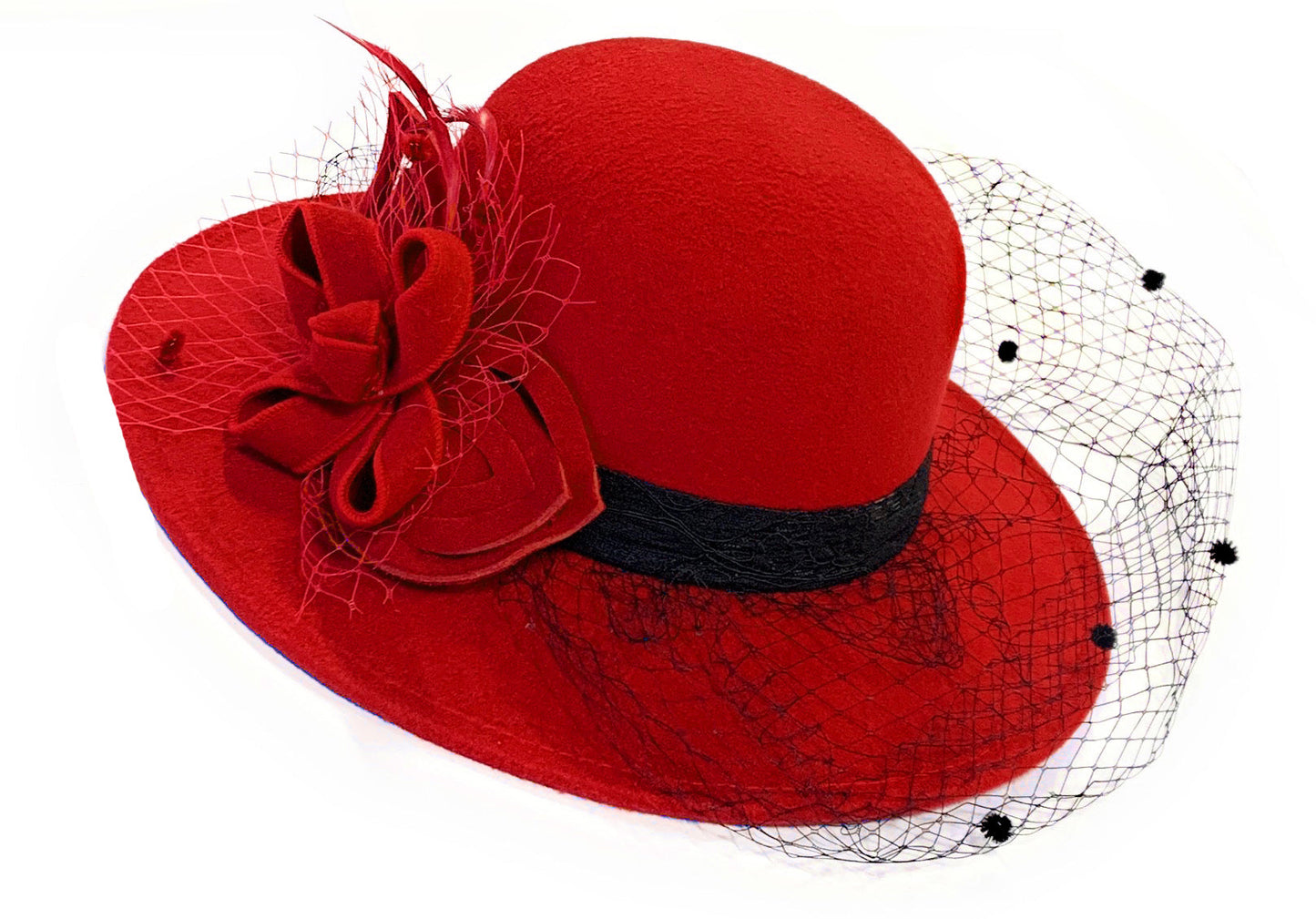 Large Wool Mix Formal Brim Fedora Hat with Veil Hatinator Fascinator