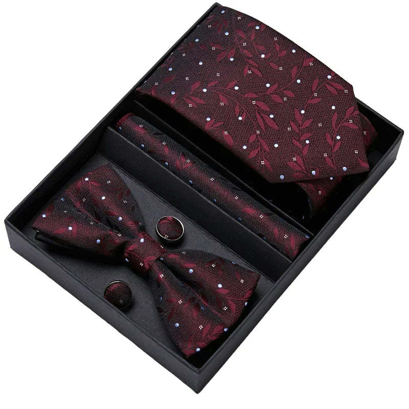 Men's Gift Set - Red and Black Floral Tie, Bow Tie, Pocket Square and Cuff Links