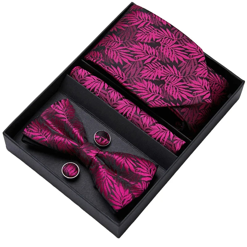 Men's Gift Set - Red and Black Floral Tie, Bow Tie, Pocket Square and Cuff Links