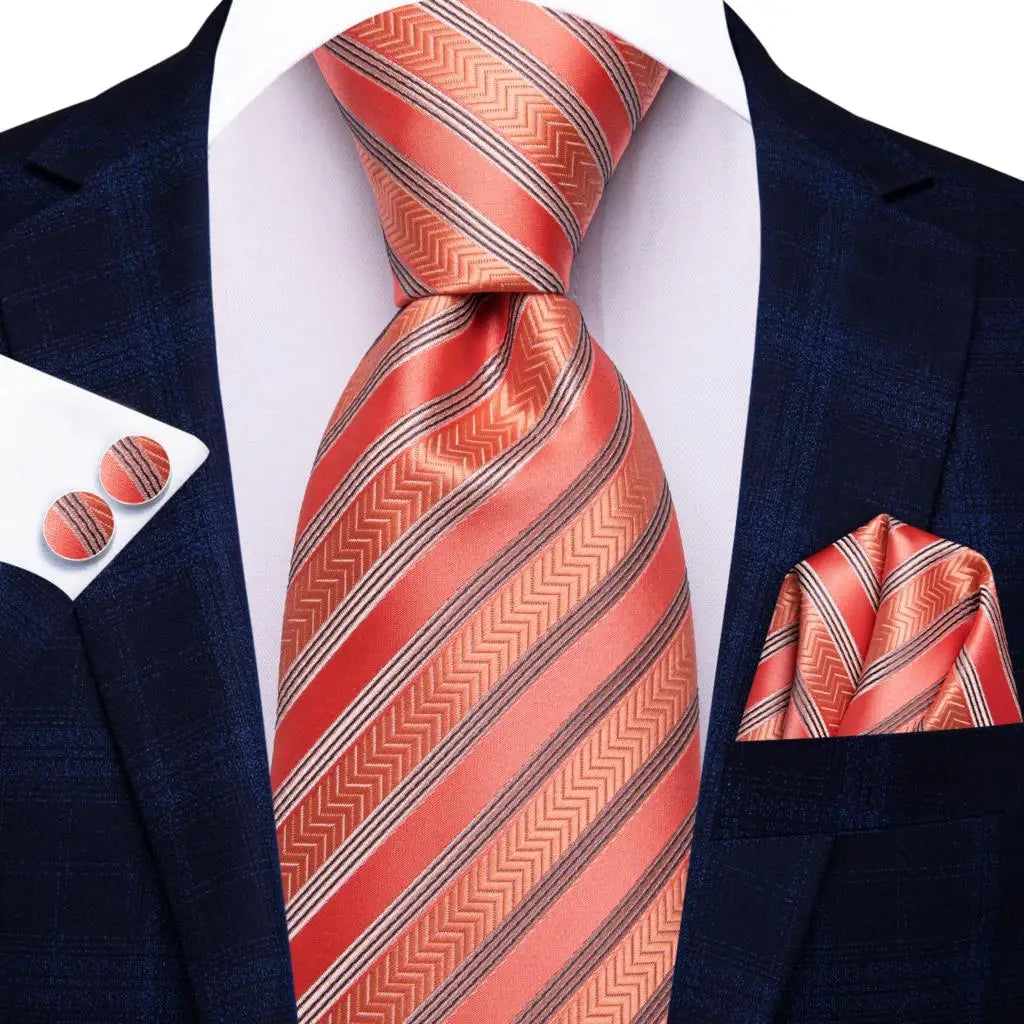 Red and Orange Striped Silk Tie - With Matching Cufflinks & Pocket Square