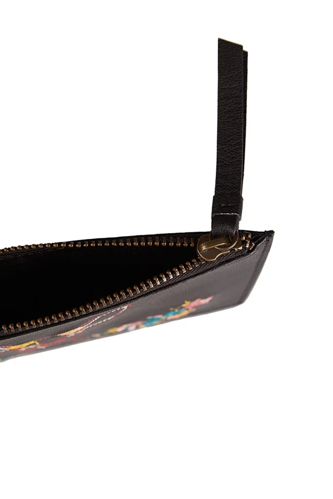 Remi Embroidered Black Leather Coin Purse