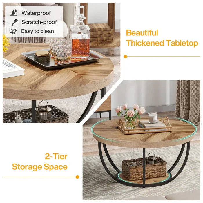 Round Wooden Coffee Table with 2-Tier Shelves