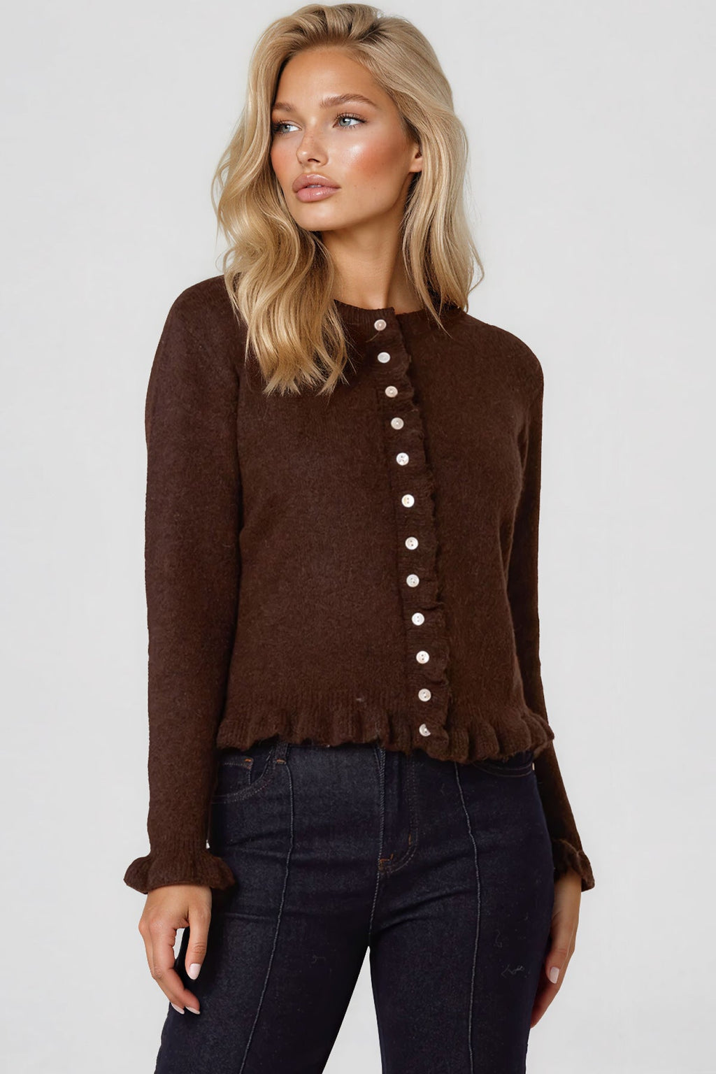 Brown Ruffled Trim Wool Blend Cardigan