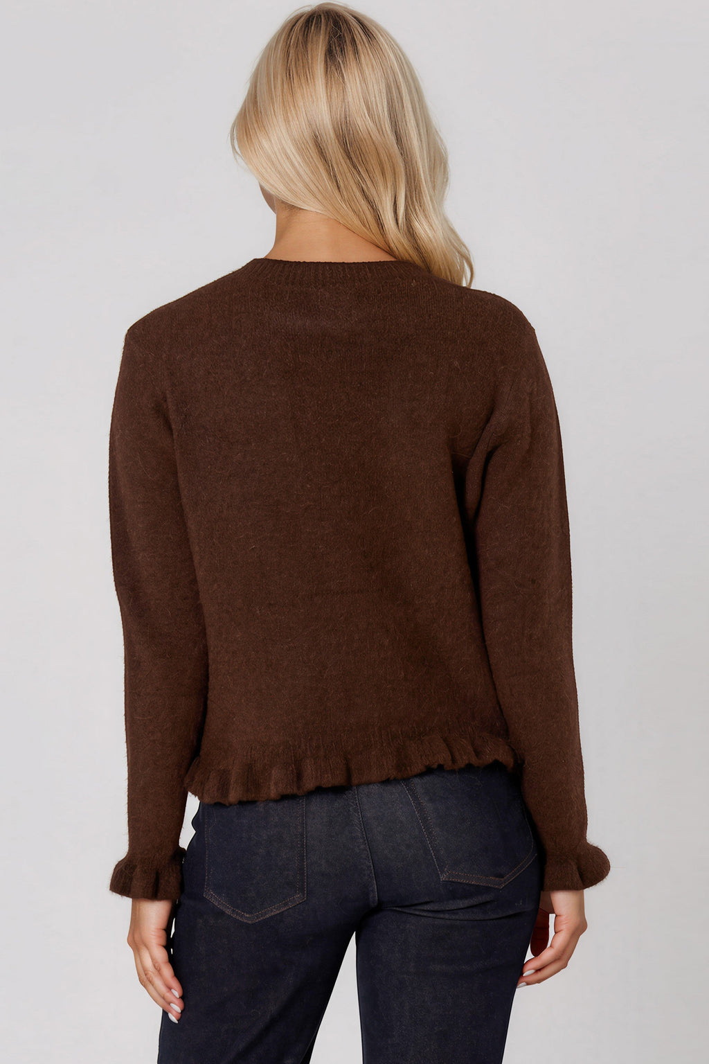 Brown Ruffled Trim Wool Blend Cardigan