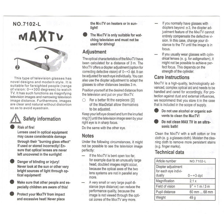 7012L 2.1X TV Magnification Glasses for Hyperopia People (Range of Vision: 0 to ? Degrees)(Black)