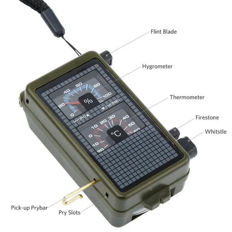 10 in 1 (Thermometer, Hygrometer, LED light, Reflector, Spirit level, Compass, Whistle, Flint, Magnifier, Ruler) Multi-Function Portable Compass, 10 in 1