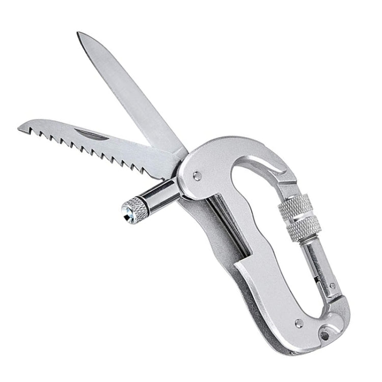 Heavy Duty D Shape Carabiner Clip-On Clamp Key Chain Hook with Dual Knife & LED Torch, D Shape + Knife