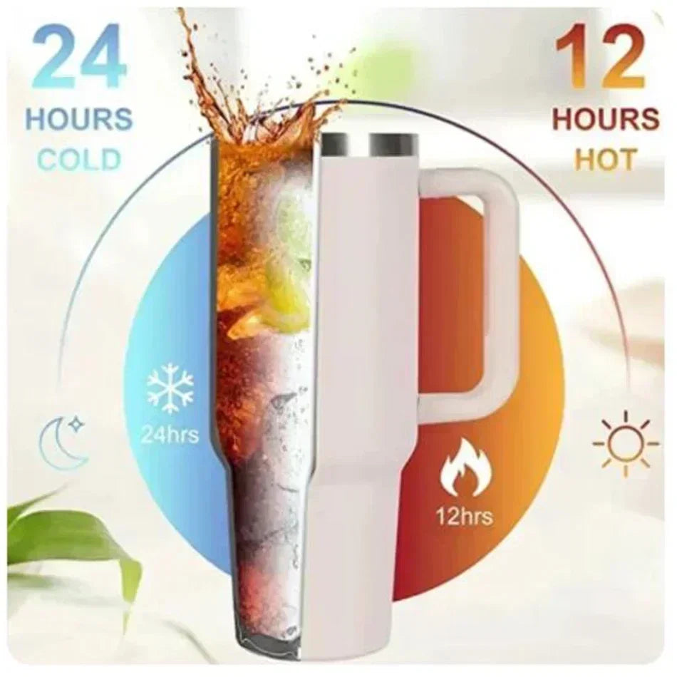 Large capacity 1200ML 304 stainless steel insulated water bottle insulated coffee cart cup hot and cold cups, straw with handle