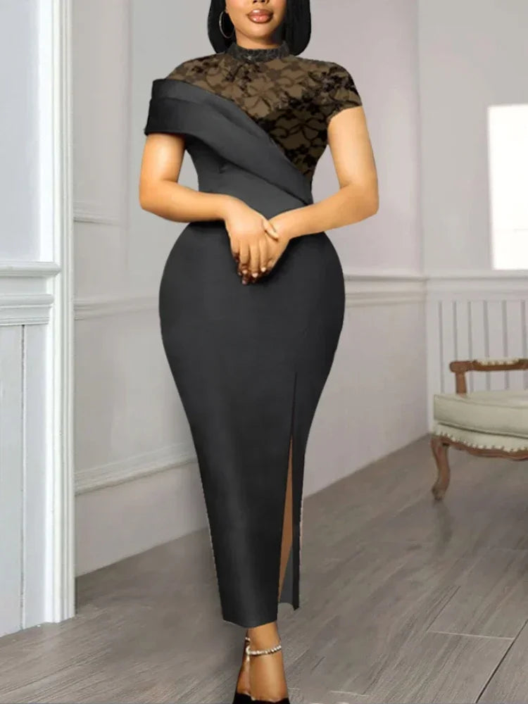 Women's High Neck Lace Patchwork Bodycon Midi Dress – Slim Sheath Evening Gown | Polyester | S–4XL | Black & Wine