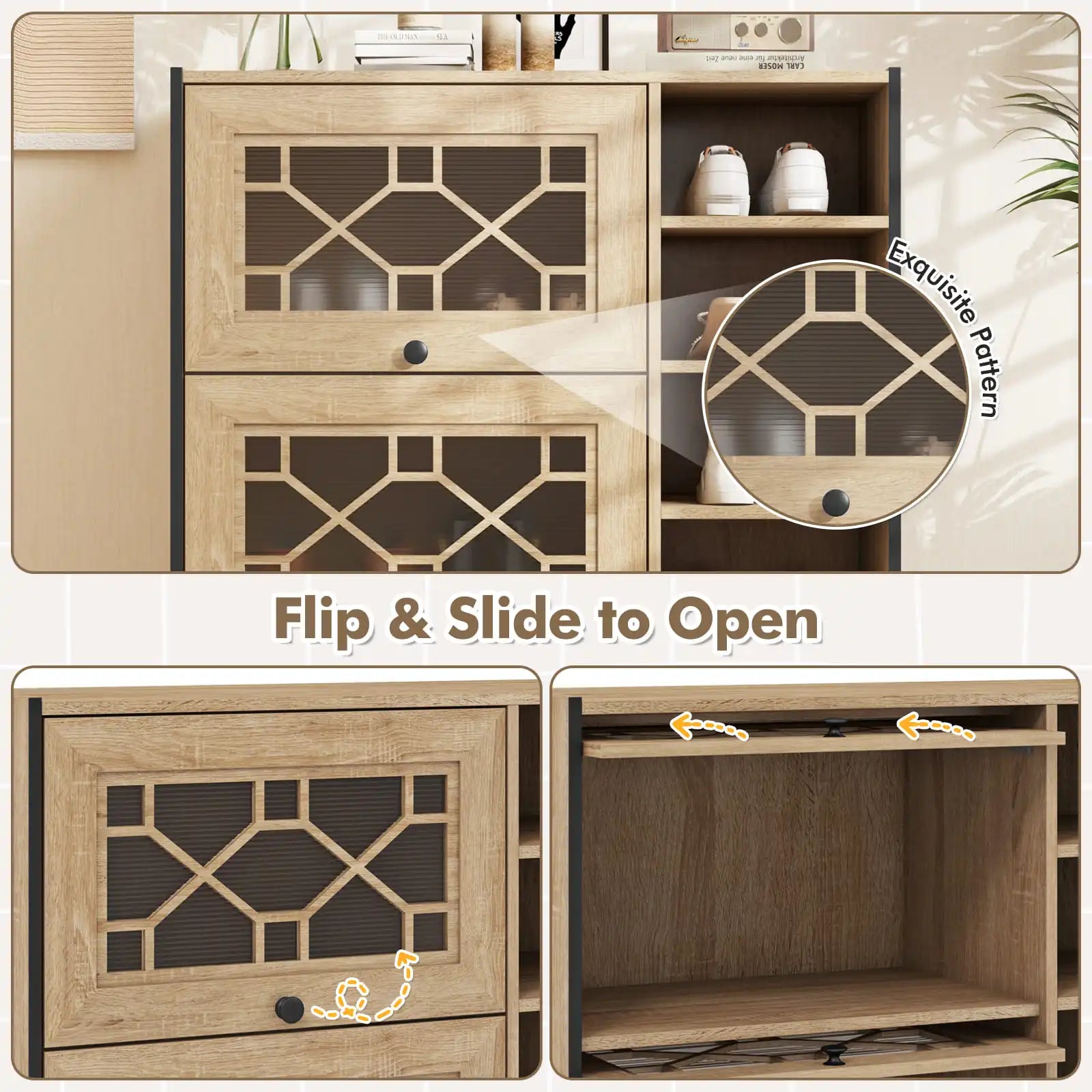 GOFLAME Shoe Storage Cabinet Freestanding Shoe Organizer w/ Flip Doors-Oak