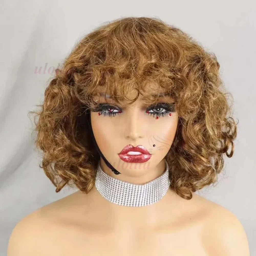 Curly Bob Wig With Bangs | Indian Remy Hair | 200% Density | 99J, 350, Highlight & More
