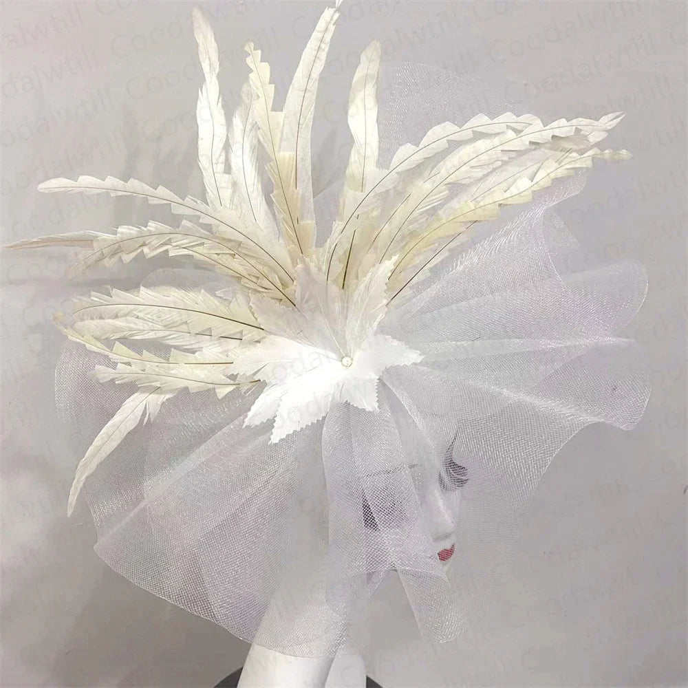 Kentucky Derby Big Fascinator Hat Women Wedding Elegant Feather Pillbox Cap