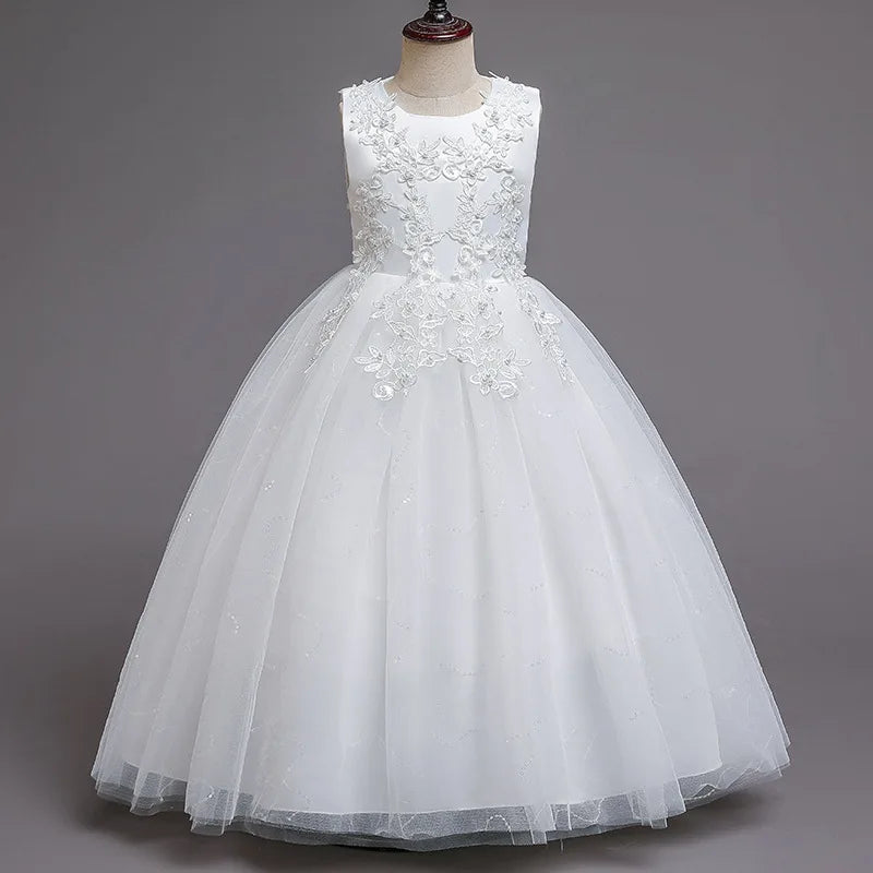 Girls White Lace Pearl Flower Princess Dress For Sequins Sleeveless First