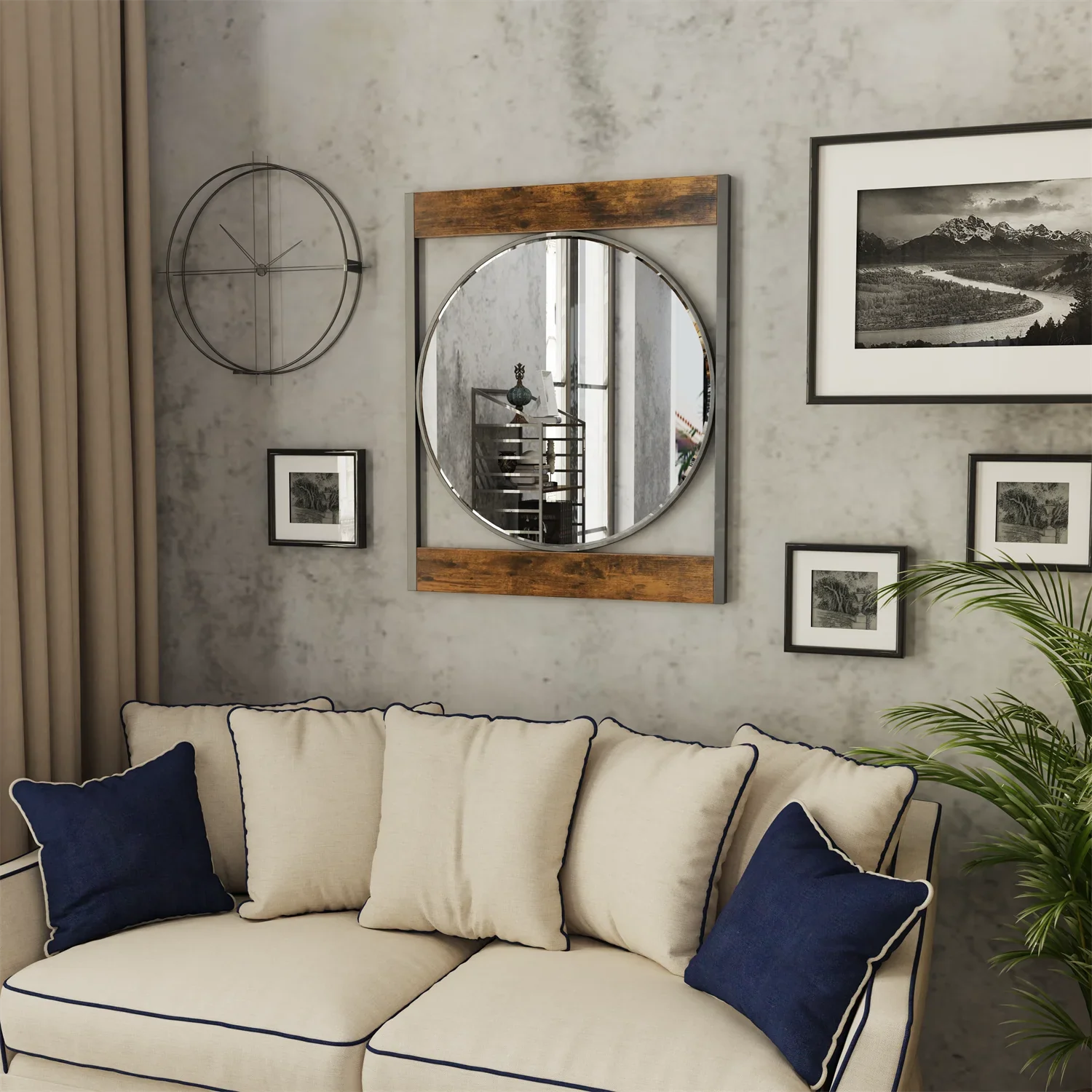 63x76CM Industrial Metal Wood Frame Wall Mounted Mirror Bathroom Living Room Decorative Mirror