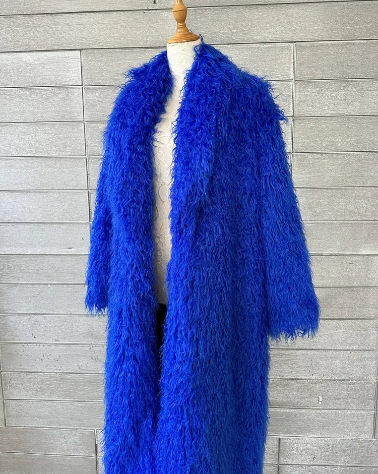 Faux Fur Jacket Women Long Coat Thick Fluffy Winter Warm Shaggy Overcoat Open Stitch Outerwear Turn Down Collar High Street