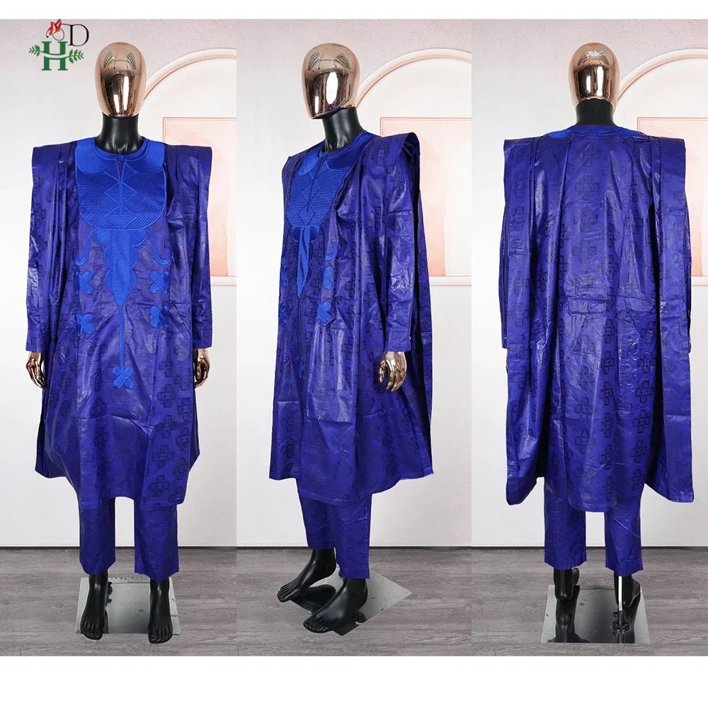 Men's African Traditional 3PCS Outfit  Blue Bazin Riche Agbada Embroidered Robe