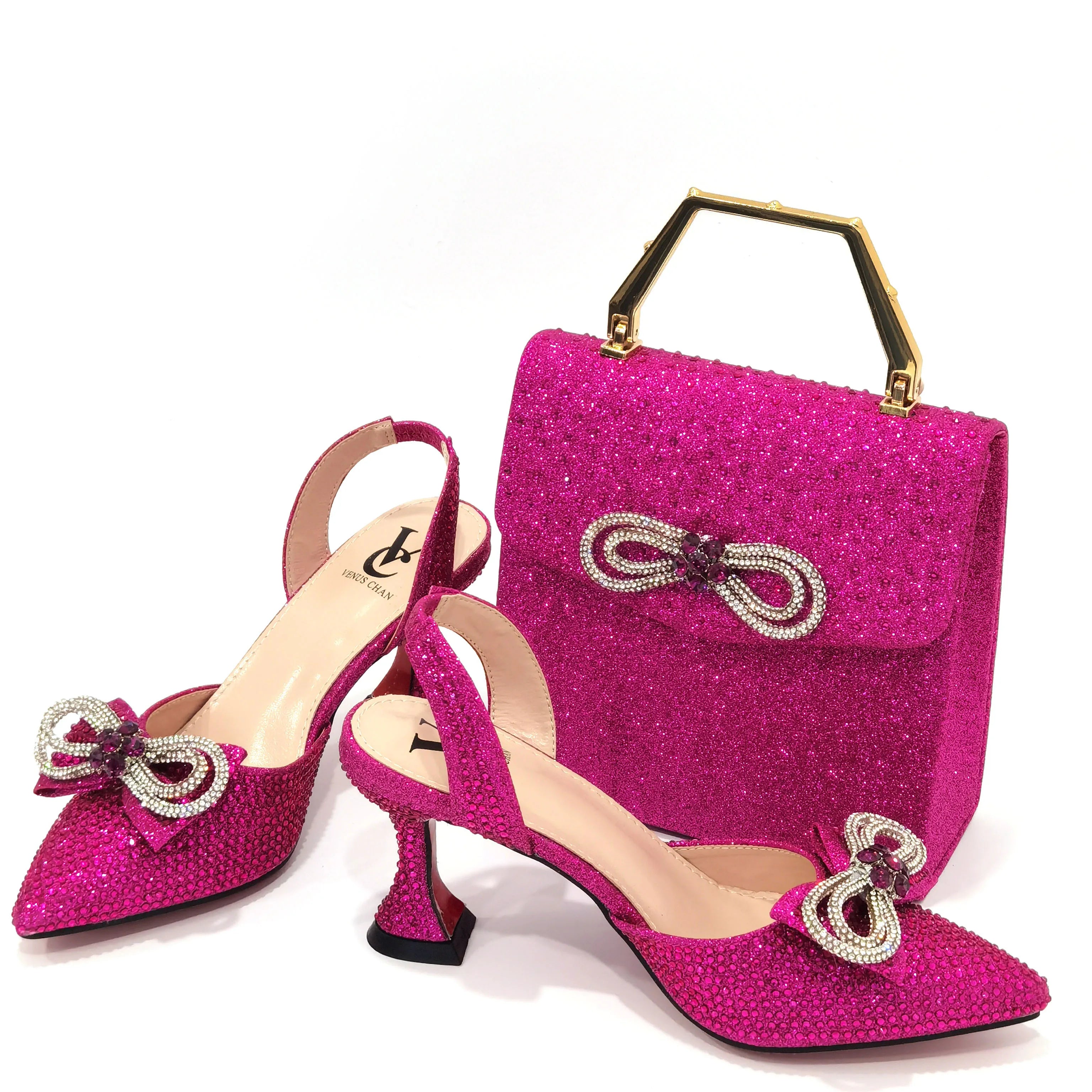 Rhinestone Bow Sequin Pointed Toe Slingback Heels — Shoes Only or With Matching Bag | 6 Colours | EU 37–43