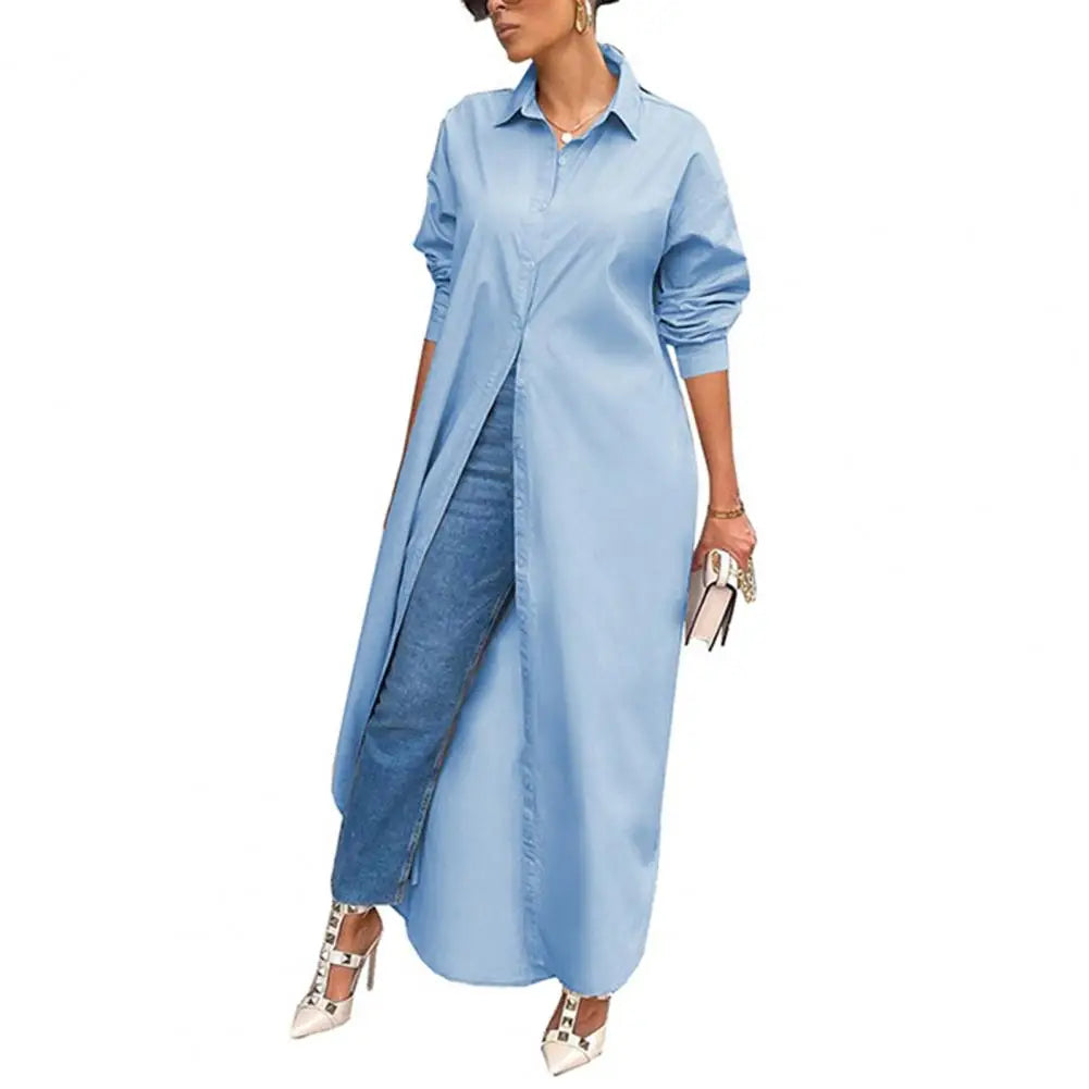 Women Shirt Windproof Shirt Dress Versatile Hem Stylish Autumn Winter Solid