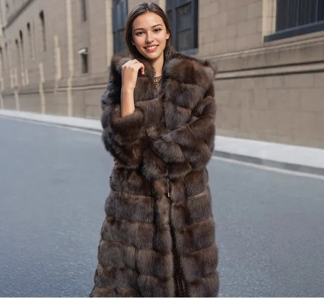 Vintage Brown Women's Winter Faux Fur Jacket Hooded Warm Thickened Fur Trim Outwear Chic Lady Eco-Friendly Coat